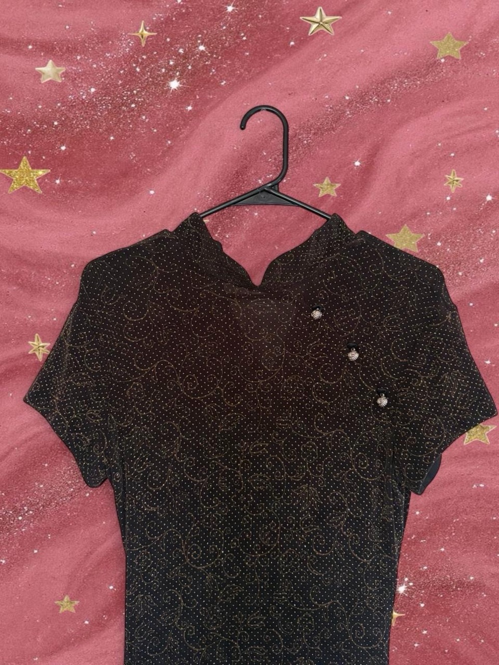 Black Sparkle Short-Sleeve Top with Decorative Buttons
